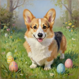 anthropomorphic corgi hunting easter eggs, grass, yard, oil on canvas, intricate, 8 k highly professionally detailed, hdr, cgsociety