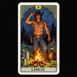 an ethereal dramatic tarot card painting of a shirtless handsome thicc mischievous cowboy | background is a dark night with a serene campfire | tin cans and jugs of whisky | tarot card, art deco, art nouveau | by Mark Maggiori | trending on artstation