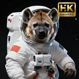 professional photograph of a hyena wearing an astronaut suit in outerspace, high quality, hd, award - winning, 4 k