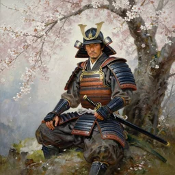 an oil painting of a male samurai warrior sitting under a cherry tree with white blossoms, katana, armor, greg rutkowski, edward robert hughes, tony sart