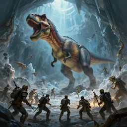 a dinosaur in a large ice cavern boss battle fantasy artwork epic detailed and intricate digital painting trending on artstation by wlop octane render