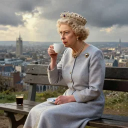 a fantasy painting of the queen elizabeth, drinking coffee on a bench overlooking a vast city, cinematic, beautiful lighting, dramatic