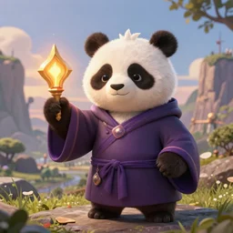a portrait an anthropomorphic panda mage casting a spell, wearing mage robes, landscape in background, cute, dnd character art portrait, world of warcraft style, by peter mohrbacher, cinematic lighting