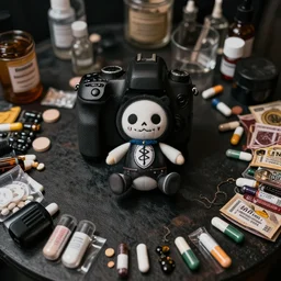 wide dslr photo still of an occult toy on a table cluttered with drug paraphernalia