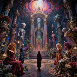 a psychedelic realm at the edge of all known time in the style of h. r. giger, zdzislaw beksinski and greg rutkowski and amanda sage and lisa frank and bob ross, lush, sumptuous, exquisite, elegant, elaborate, rich, ray traced, global illumination, artstation, in frame