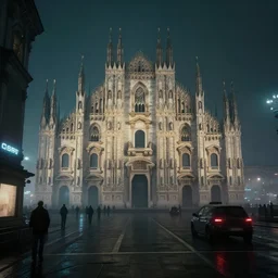 a foggy night in milano in 2 0 7 9, cyberpunk future, distopic, cinestill, photography, realistic, hyper detailed, unreal engine, cinematic, octane render