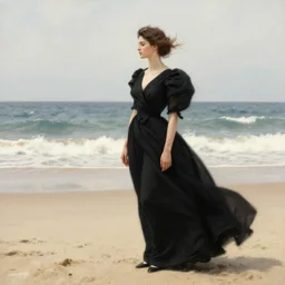 woman in black dress in the middle of the beach, fashion art, leyendecker style