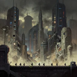 sidescrolling game science fiction destroyed city background by frank frazetta