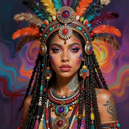 portrait of zoe kravitz, hyper detailed ultra sharp aztec shaman warrior. trending on artstation, warpaint aesthetic, bloodwave, colorful, psychedelic, ornate, intricate, digital painting, concept art, smooth, sharp focus, illustration, art by artgerm and greg rutkowski and h. r. giger, 8 k