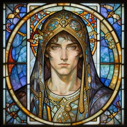 head-on symmetrical centered painted portrait, male imp assassin, art nouveau, tarot card style, complex stained glass, fantasy, intricate, elegant, highly detailed, smooth, sharp focus, illustration, artstation, in the style of Artgerm and Anna Podedworna and Alex Ross