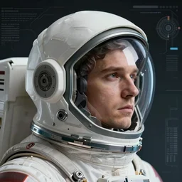 retrofuturistic portrait of a man in profile in astronaut helmet, space graphics art in background, close up, wlop, dan mumford, artgerm, liam brazier, peter mohrbacher, 8 k, raw, featured in artstation, octane render, cinematic, elegant, intricate, 8 k