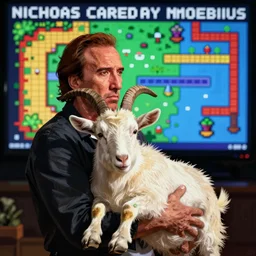 nicholas cage marrying a goat gameplay still frame, 4 colors, pixel art, retro, splash screen, level design, high contrast, background, deep focus, highly detailed, dramatic lighting, digital painting, artstation, concept art, matte, greg rutkowski, moebius, illustration.