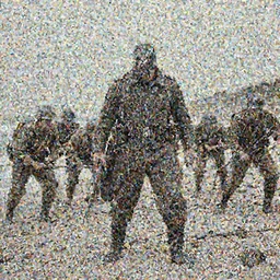 historical photograph of Doomguy amongst allied soldiers on the beach during the D-day invasion