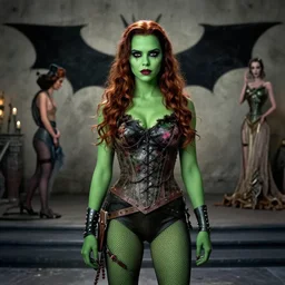 Aubrey Plaza as Poison Ivy in The Dark Knight, green skin film still from the movie directed by Denis Villeneuve with art direction by Salvador Dalí, wide lens