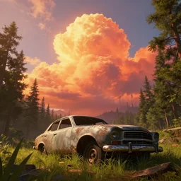 godrays, beautiful, vivid, by jordan grimmer, warm lighting, cinematic view, low angle, trending on artstation, concept art, epic sky, huge scene, volumetric, an abandoned old car in the woods, grass, detailed, art greg rutkowski, high detail