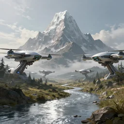 A supermassive mountain lurching in the distance, with massive futuristic drones surveying the landscape in the foreground, in the foreground is a silver river, very detailed concept art, matte painting, digital art, concept art, realistic beautiful, trending on Artstation, Greg Rutkowski