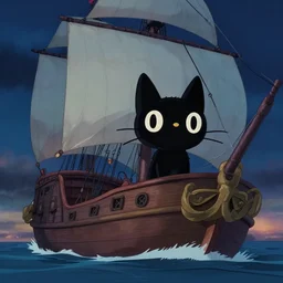 a wholesome animation creative key shot of a black cat sailing a ship in the night, full shot, studio ghibli, pixar and disney animation, sharp, rendered in unreal engine 5, anime key art by greg rutkowski, bloom, dramatic lighting