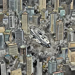 a spaceship flying down into an alien city, dark clouds obscuring tall buildings, dark and ominous