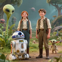a girl and a boy standing next to some alien plants, looking happy, wearing civil war era clothes, their pet droid is nearby, while a small cute alien creature is standing behind them, in a park on a alien planet, ultra realistic facial details, enhanced faces, ultra photorealistic raytracing, 8k