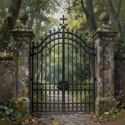 beautiful digital painting high quality heavy iron gothic gate in the woods cobblestone ground by Richard Corben, ,artstation behance