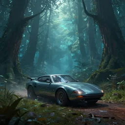 car in futuristic spiritual mystical post apocalyptic forest by ron gilbert, dim painterly volumetric aquatic lighting, beautiful, crisp, artstation, highly detailed