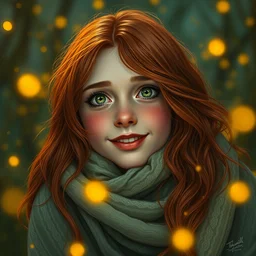 infp young woman, smiling amazed, golden fireflies lights, sitting in the midst of nature fully covered, long loose red hair, intricate linework, bright accurate green eyes, small nose with freckles, oval shape face, realistic, expressive emotions, dramatic lights magical scene, hyper realistic ultrafine art by michael cheval, jessica rossier, boris vallejo