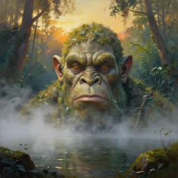 giant orc head statue covered with fog in lake in jungle with  backlight , sunset  oil painting panorama by  frazetta