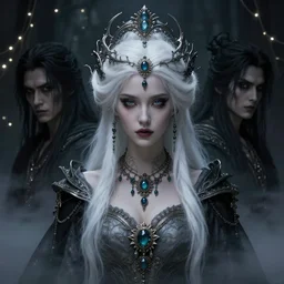 a beautiful white haired princess, adorned with precious stone jewelry, intricate concept art, ominous, sinister dark fantasy, misty, dramatic lighting, dark background, fairy lights, octane render, 8 k, ruan jia and tom bagshaw and alphonse mucha and marc simonetti