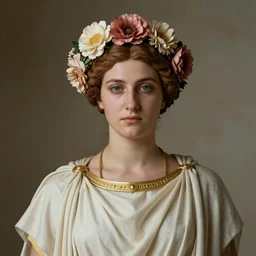 portrait of an ancient greek woman, with flowers on her head, wearing a tunic with gold jewelry.