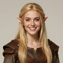 portrait, 3 0 years old women : : fantasy : : long straight blonde hair, beeing happy, smiling : : attractive, symmetric face : : brown medieval cloting, natural materials, pointy ears : : high detail, digital art, rpg, concept art, illustration