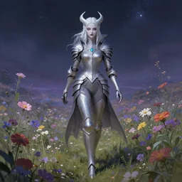 an illustration of the lich queen, walking through fantasy flower planes, pale hair, one eye, intricate details, detailed face, detailed armour, artstation, epic pose, view from distance, volumetric light, starry sky, by rembrandt and claude monet