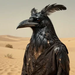 Feathers Eyes Beak Exterior Desert Oasis dessicated physique demonic crow wearing a man costume giorgio de chirico Jan Van eyck bastien lecouffe-deharme odd nerdrum dragan bibin john steuart curry dan witz