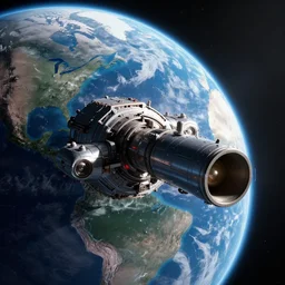 A futuristic low orbit ion-cannon set up in the orbit of planet earth, close up shot, epic, cinematic, awe, in style of Steve Argyle