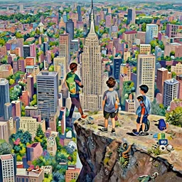 Vibrant depiction Three inner city boys on the precipice Of a cliff overlooking Vibrant New York City in the middle of a vast Forest with New York City on the horizon illustration by Ruan Jia and Mandy Jurgens and William-Adolphe Bouguereau, Artgerm, 4k, digital art, surreal, space dandy style, highly detailed, godsend, artstation, digital painting, concept art, smooth, sharp focus, illustration by Ruan Jia and Mandy Jurgens and William-Adolphe Bouguereau