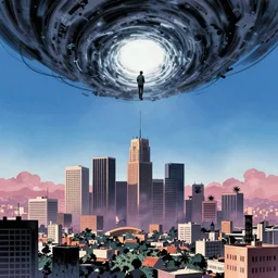 wormhole above the los angeles skyline in the style of an akira movie poster