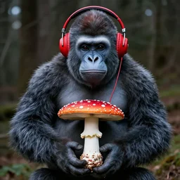 chilled kong with red headphones on holding a amanita muscaria made by banksy
