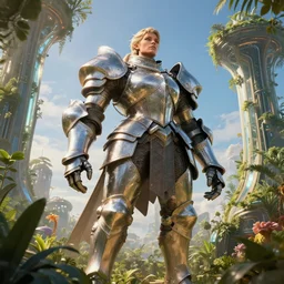 a heavy hulking female knight in a hi-tech botanical world with blue skies | style of donato giancola, vincent callebaut, dramatic light | high detail | cinematic lighting | pristine metals, glass, plants | solarpunk | golden hour | volumetric lighting | strong wide body | concept art |