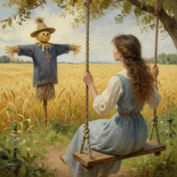 detailed soft painting of a girl on a garden swing, seeing a scarecrow in a field of wheat rembrandt style, elegant, highly detailed, artstation, concept art, matte, sharp focus, folk horror