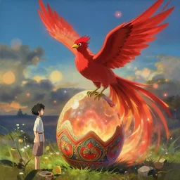 the solarpunk phoenix, optimistic, red bird, ornate egg, regeneration, landscape, epic composition, volumetric light, bokeh, painting by ilya kuvshinov and by makoto shinkai