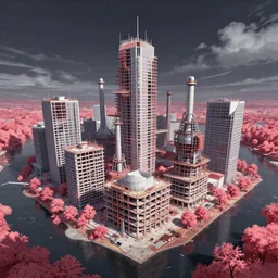 a beautiful ultradetailed render of unfinished building city industrial architecture by bjarke ingels, architecture island anime infrared fisheye studio ghibli dramatic lighting, archdaily, wallpaper, highly detailed, trending on artstation.