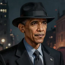 beautiful digital art of ( ( close - up of barack obama!!! wearing a detective outfit and fedora!!! ) ) noir city in the background. dramatic night lighting, mysterious!!!!! atmosphere, trending on artstation, muted colours, stunning digital painting, hyper detailed, 4 k, high quality, smooth, sharp focus