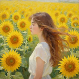 a girl in amazing tall sunflower field, her hair flowing down, subtle, intricate details, real masterpiece, surreal, oil on canvas, by somsak anong