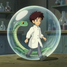 studio ghibli dull colors interior simple portrait cartoon from close encounters of the third kind 1 9 7 7 of a transparent bubble. a young skinny grey pocketwatch scientist is walking in a laboratory snake bubble.