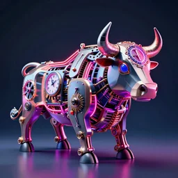 a clockwork mechanical bull, neon lighting, duotone, ultra high detail - n 3
