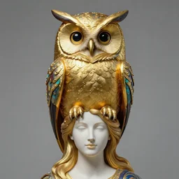 giant, massive, detailed, 3 d colourful gold owl, on the head of a woman by eva cremers