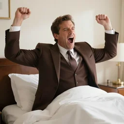 Andy Richter is wearing a chocolate brown suit and necktie. He is waking up in his bed on a new bright morning, stretching his arms and his mouth is wide open with a yawn