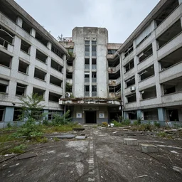 highly detailed landscape of abandonned hospital, urbex, urban exploration