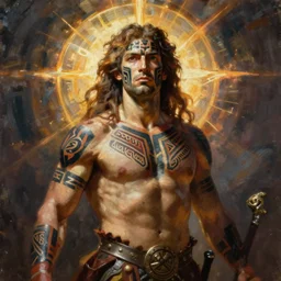 celtic pict warrior with warpaint patterns on his bare skin, epic painting dramatic lighting, painted by artgerm and tom bagshaw