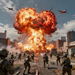 red alert troops in real life invading city with explosion and airplanes fly in sly, hd, hdr, ue 5, ue 6, unreal engine 5, cinematic 4 k wallpaper, 8 k, ultra detailed, by popular digital artist, beautiful image, resolution, artstation