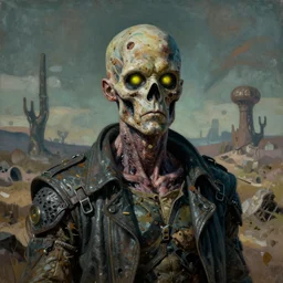 portrait of a radioactive mutant from the wastelands, covered in nuclear waste, glowing eyes, painted by goya
